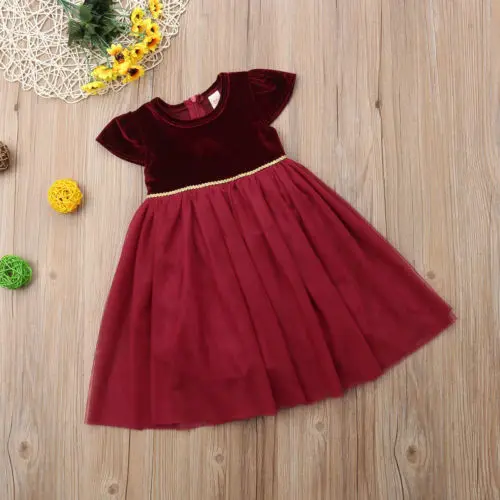 Baby Girls Mesh Tutu Dress Velvet Ruffle Tulle Party Toddler Princess Gown Wine Red 1-5Y