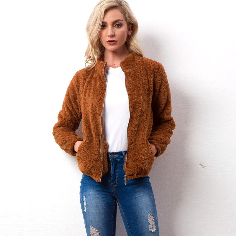 Autumn And Winter Women's Jacket 2018 New Coat Imitation Alpaca Long-Sleeved Stand Collar Pocket Plush Short Coat AS061 (4)