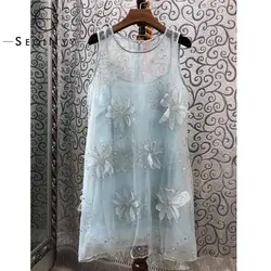 SEQINYY мини-платье высокого качества с цветочной вышивкой и аппликацией 2019 летнее Новое модное дизайнерское платье трапециевидной формы из