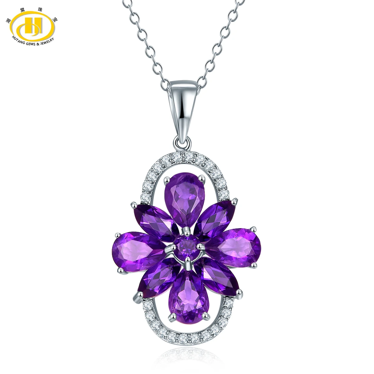 

Hutang Natural Amethyst Flower Pendant Necklace Solid 925 Sterling Silver Gemstone Fine Jewelry for Women Christmas Gift 11.11