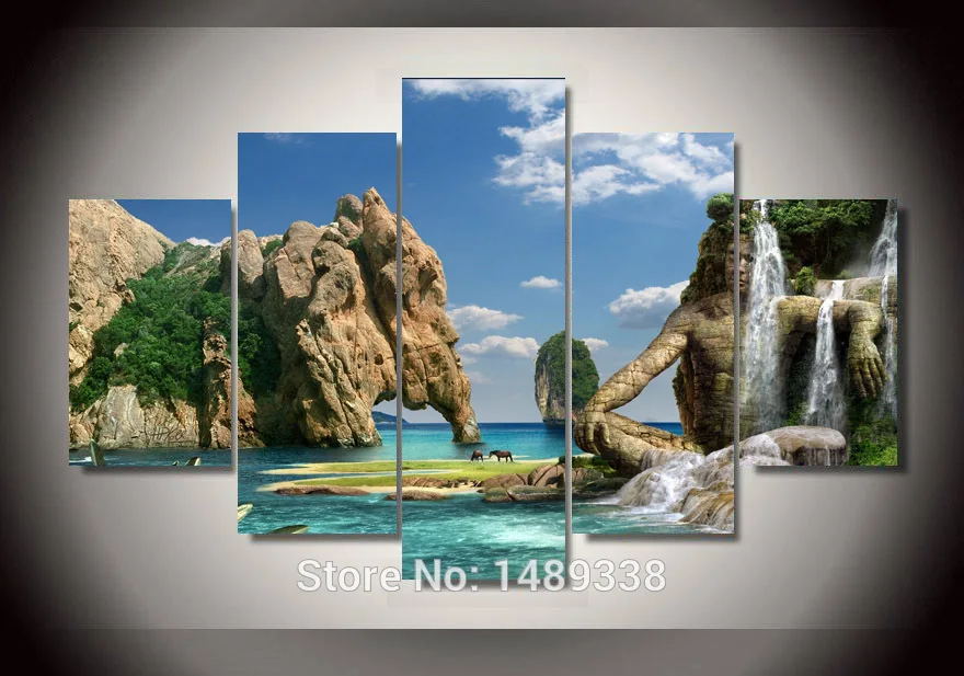 Framed 5 Panel Home decoration Wall Art Waterfall Oil Painting On Canvas Textured Abstract Paintings Pictures Decor | Дом и сад