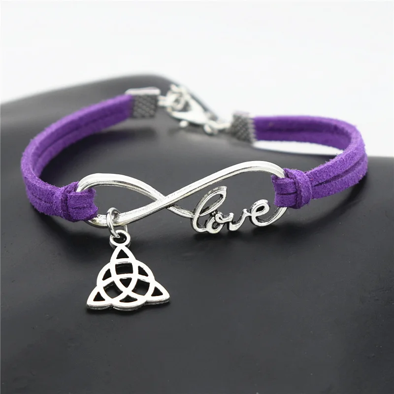 Стильный милый треугольник тибетский серебряный Бесконечная любовь символ Трикветр тройной узел Шарм кожаные браслеты, бижутерия - Окраска металла: Purple