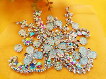 

A170 Handmade crystal patches sew on clear AB colour Rhinestones applique with stones sequins beads 15*12cm for top dress
