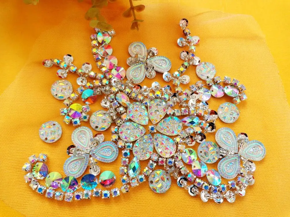 

ZBROH Handmade crystal patches sew on clear AB colour Rhinestones applique with stones sequins beads 15*12cm for top dress