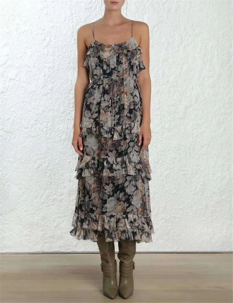 2019 new fuchsia flounce lace halter waist print dress sexy beach dress