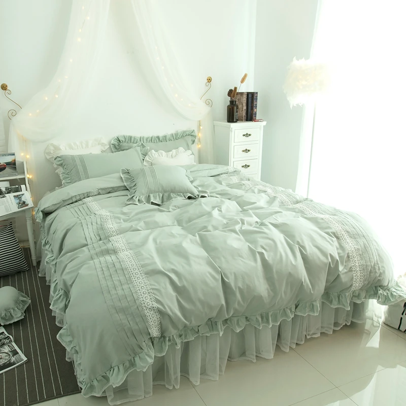 Pure Cotton Lace Bedding Set Green Duvet Cover Set Bed Linen