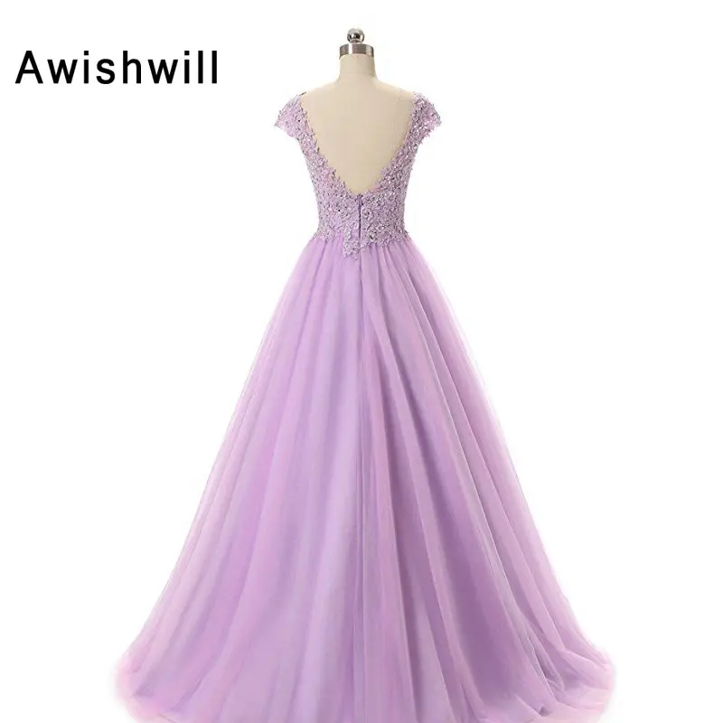 Real Photo Cap Sleeve V-neck Floor Length Appliques Beaded Tulle Lavender Color Long Prom Dresses Ball Gown Robe de Bal long prom dresses