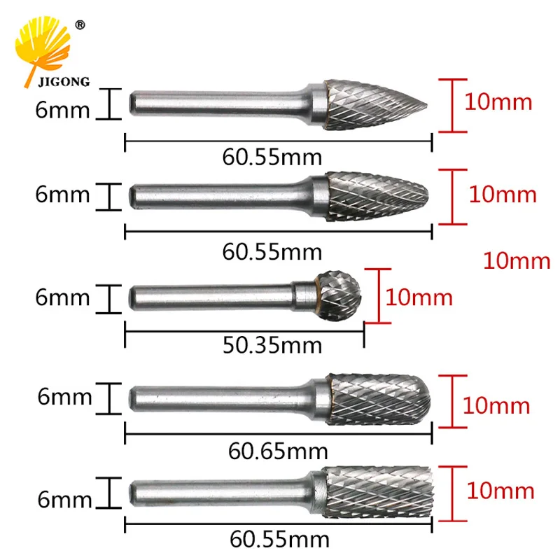 

JIGONG 5pcs/Set CNC Tool Grinders Accessories Tungsten Carbide Rotary File Woodworking Milling Cutter Polishing Head 6x10mm