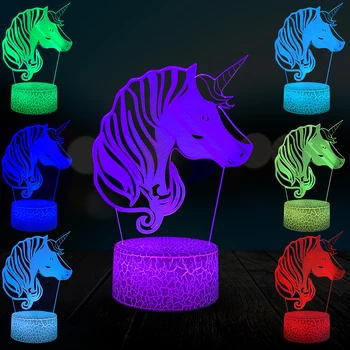 

Cartoon Unicorn Pony Head 3D Lamp LED Multicolor Night Light Bedroom Decor Girl Party Birthday Gift Kid Toy Table Lava Crack
