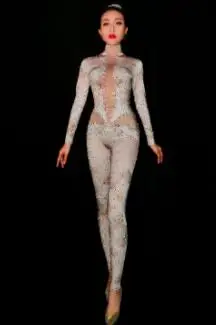 white Модный комбинезон, стразы, леггинсы, стрейч, сексуальный костюм для женщин, для ночного клуба, для вечеринки, Одежда для танцев, боди, модные комбинезоны - Цвет: white