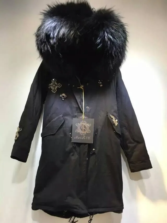 Black long parka Дизайн, расшитая бисером армейская зеленая/черная меховая парка с капюшоном mr жакет из меха с меховым воротником mrs енота - Цвет: Black long parka