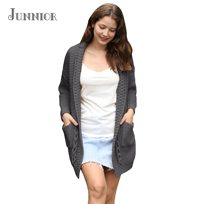 JUNNIOR 2018 New Arrival Cardigan Women Pockets Patchwork Sweaters Long Sleeve Casual Loose Knitted Sweater Sweaters