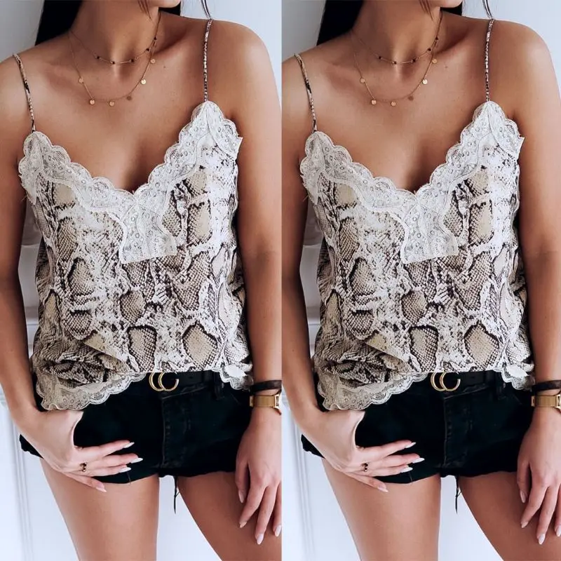Мода 2019 г. Новый для женщин Sexy V средства ухода за кожей шеи без рукавов Strappy кружево змея майка с принтом майка Cami Топы корректирующие