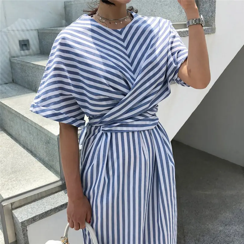 New Women Summer Fashion Casual Daily Elegant Cotton Blue Striped Bandage Split Long Dress Long Dress #4A25 (2)