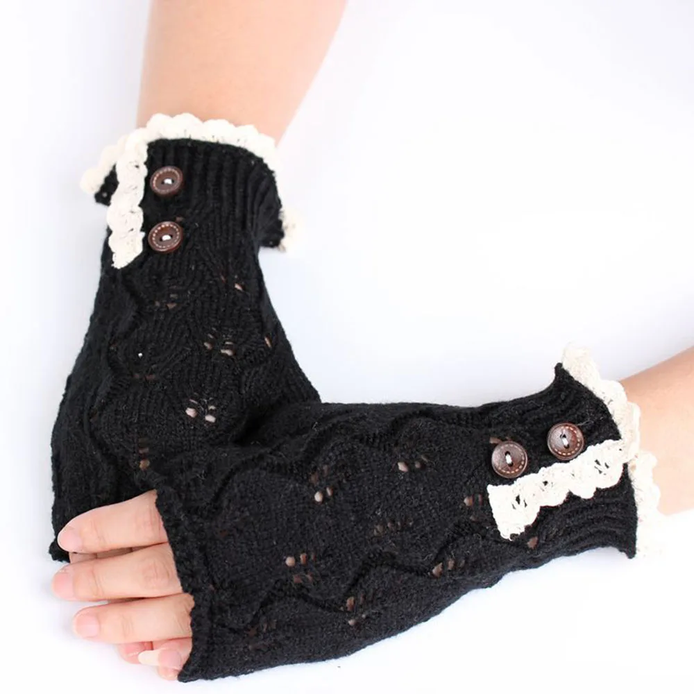 Новые модные женские теплые кружевные перчатки без пальцев, мягкие вязаные Осенние Зимние трикотажные перчатки, варежки на пуговицах, гольфы,, 5 цветов - Цвет: Black