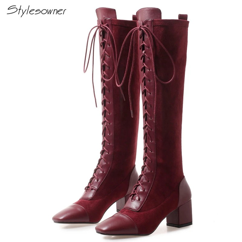 

Stylesowner Women Cross Tied Long Boots Chunky High Heel Motorcycle Boots Sexy Autumn Winter Botas Mujer Square Toe Knee Boots