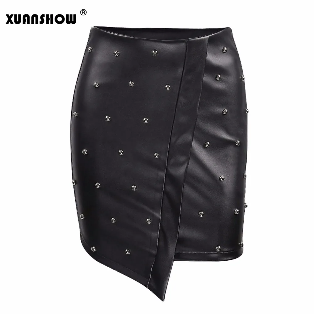 

XUANSHOW 2018 Summer Womens Pearl Stitching Irregular Zipper Black Color Pu Skirts Faldas Mujer Moda