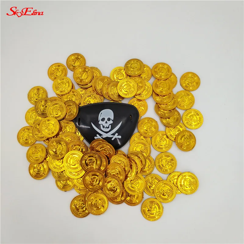 100Pcs Plastic Gold Treasure Coins Captain Pirate Party Favors Pretend Treasure Chest Kids Party Coins Supplies 7Z