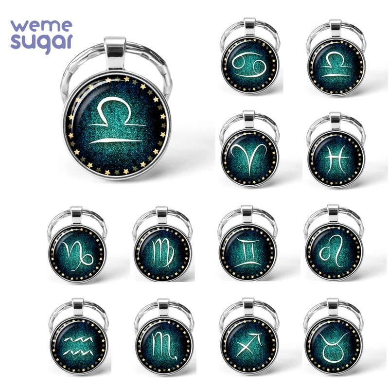 

WeMe 12 Constellation Keychain Green Cancer Leo Virgo Sagittarius Zodiac Sign Jewelry Glass Cabochon Pendant Key Chain Rings