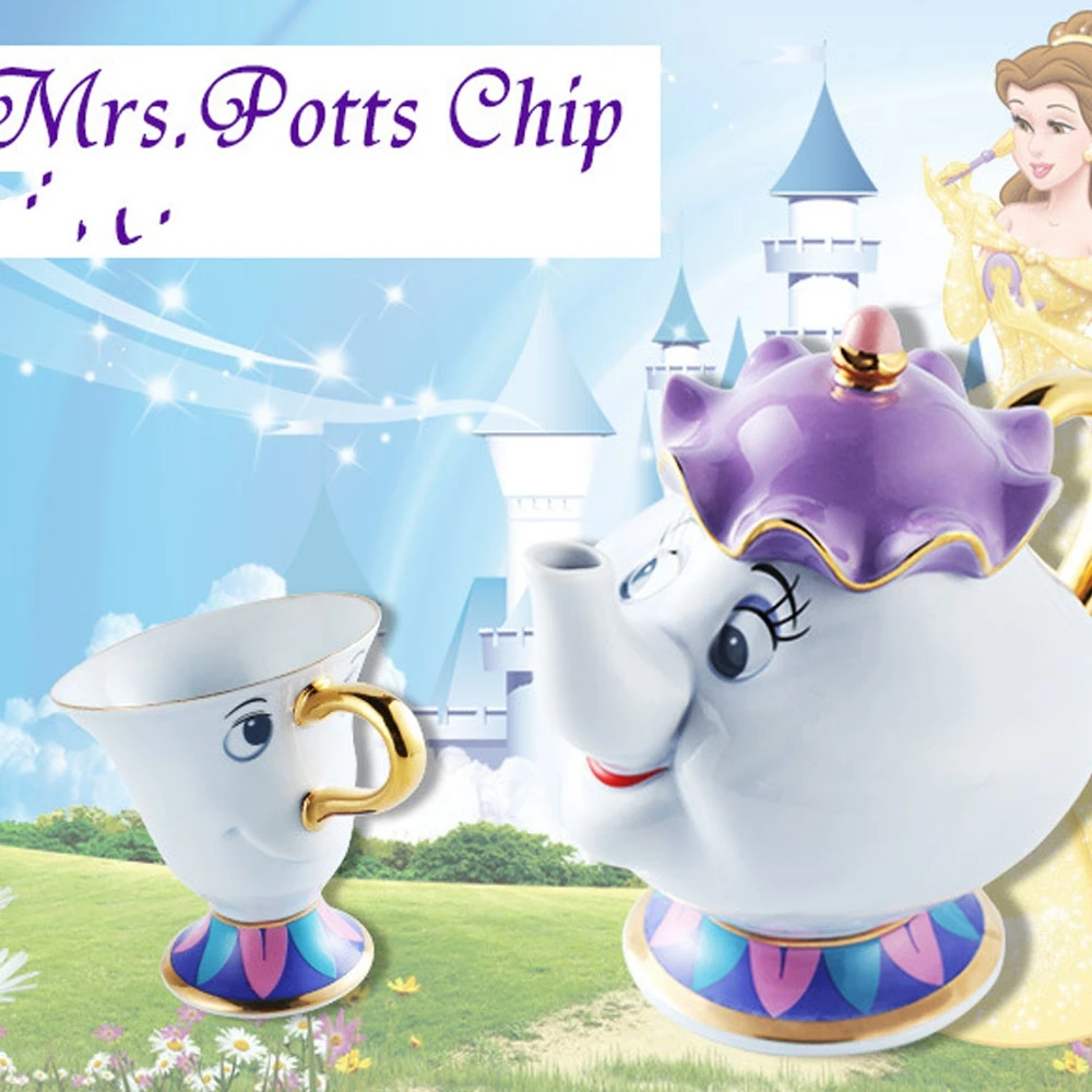 

Cartoon Beauty And The Beast Teapot Mug Mrs Potts Chip Tea Pot Cup Set Porcelain Gift 18K Gold-plated Painted Enamel Ceramic Cup
