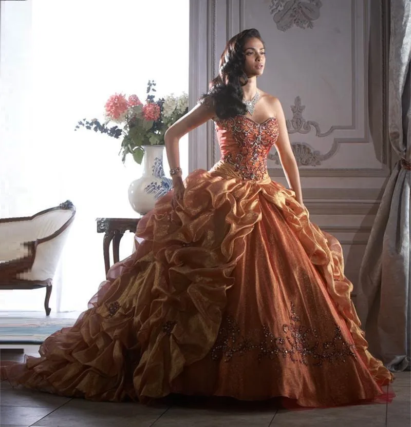 2016 Detailing Ruffles Sweep Train Gold Beaded Luxury Long Quinceanera Dress Ball Gown Sweet 