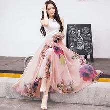 Spring and summer women floral print beach skirt big swing fairy skirt High waist temperament bohemian chiffon long skirt