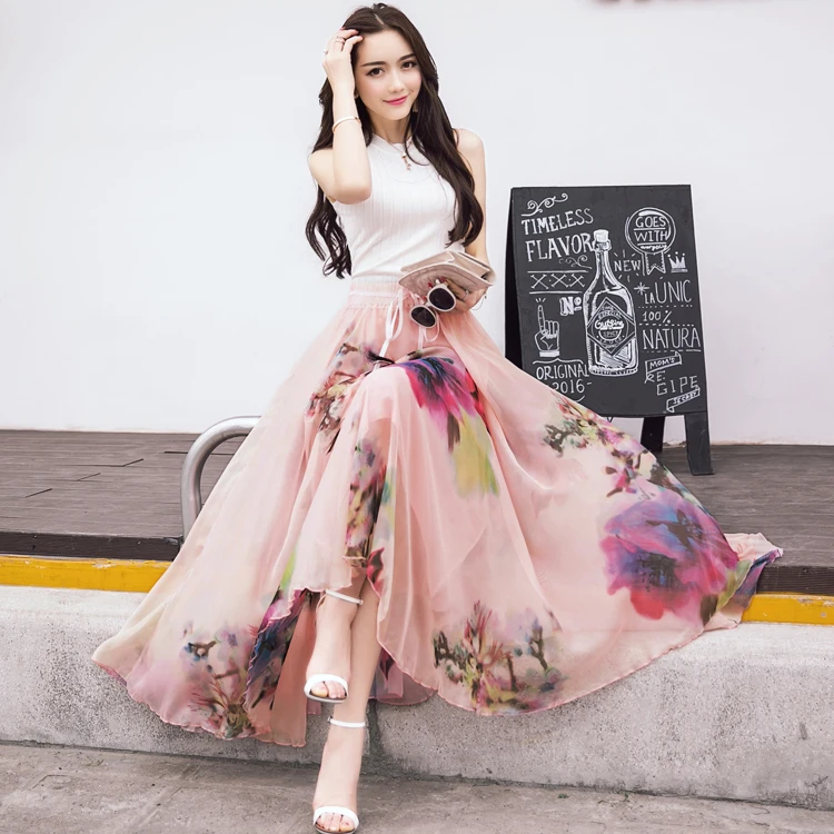 

Spring and summer women floral print beach skirt big swing fairy skirt High waist temperament bohemian chiffon long skirt