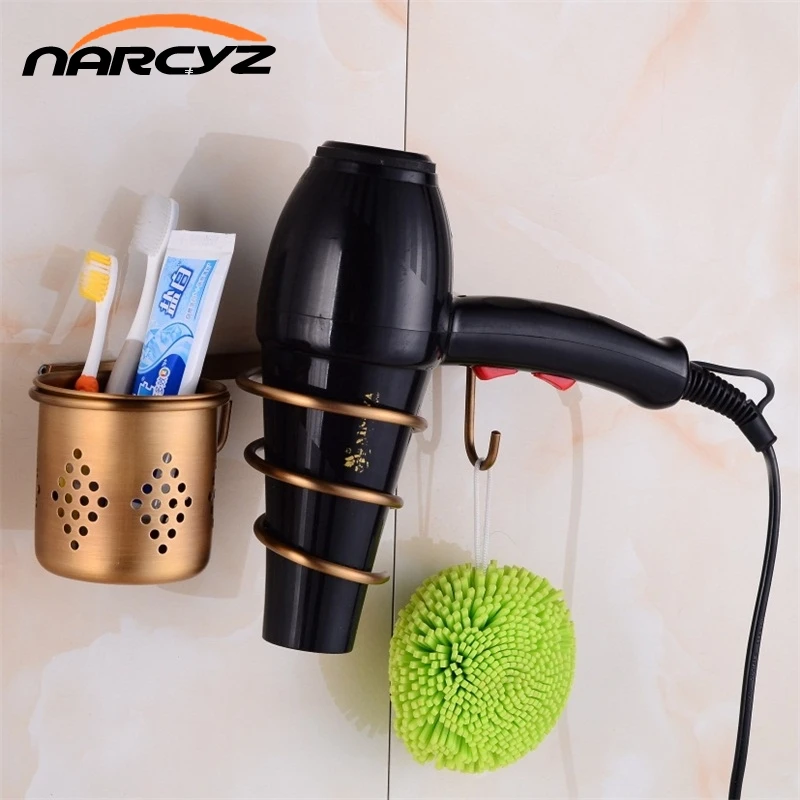 Multi function Bathroom Hair Dryer Holder Wall Mounted Rack Antique Copper Shelf Storage