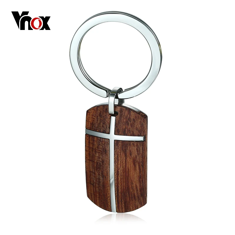 Vnox Wood Key Chain for Men Women High Quality Stainless Steel Cross