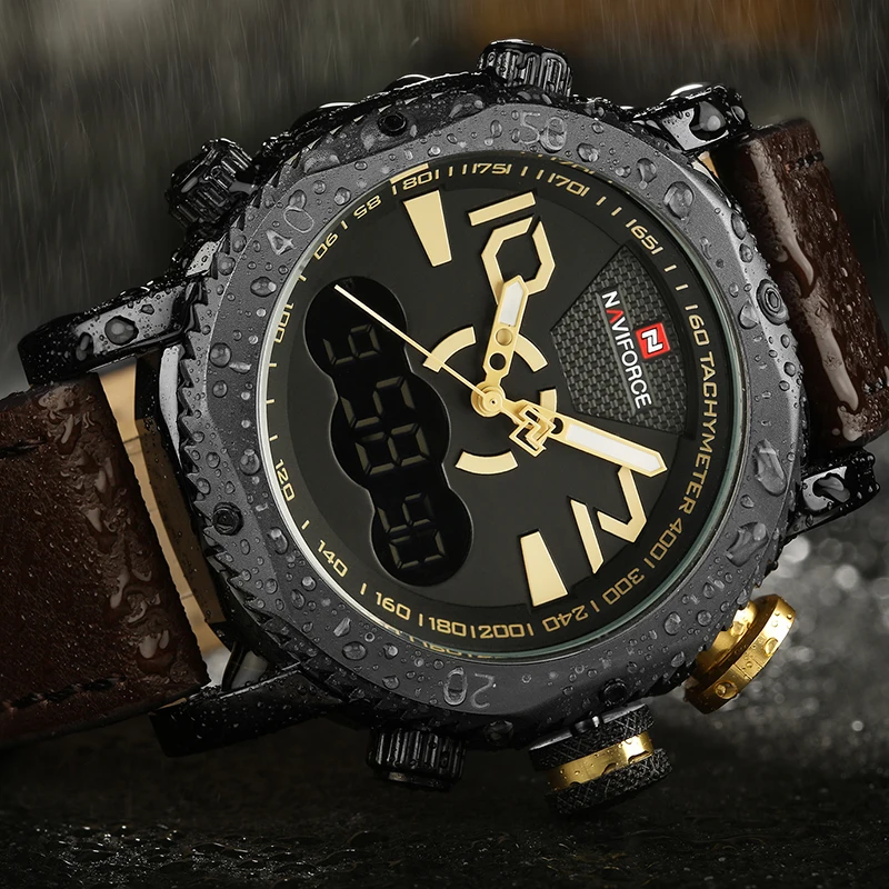 

NAVIFORCE Brand Waterproof Men Leather Sport Military Watch Dual Time Quartz Analog Wristwatch Male Relogio Masculino Clock Men