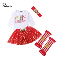 5 шт., Рождественский комбинезон с длинными рукавами+ юбка в горошек+ гетры+ повязка на голову с блестками, комплекты одежды для детей 0-24 месяцев