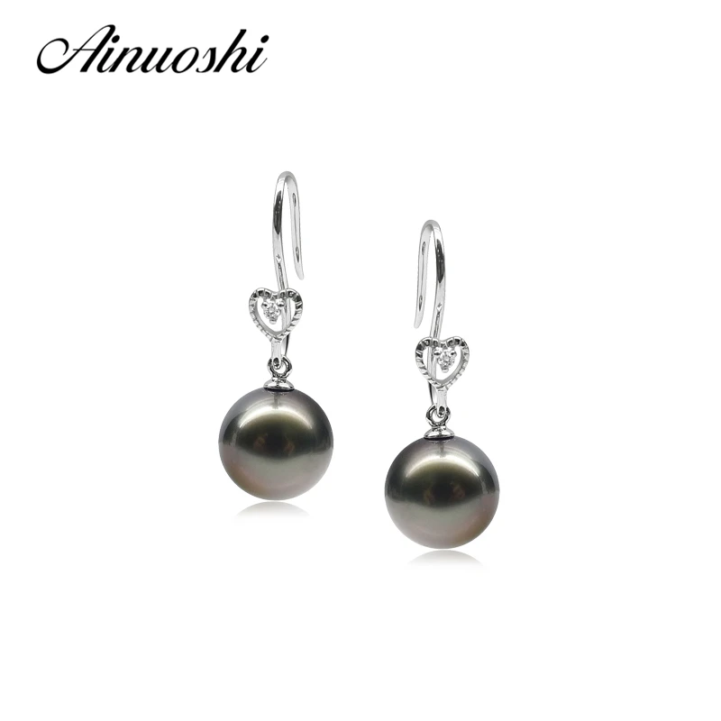 

AINUOSHI 925 Sterling Silver Women Ear Hook Earrings Natural Tahitian Black Pearls 10-10.5mm Round Pearl Lady Ear Hook Earrings