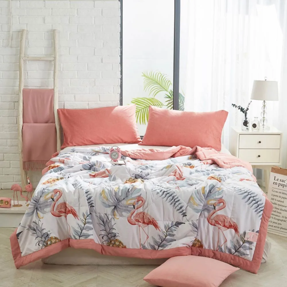 

2019 Pink Flamingo Leaves Stitching Comforter Summer Quilt Air-condition Wash Polyester Fabric Polyester Twin Full Queen Size
