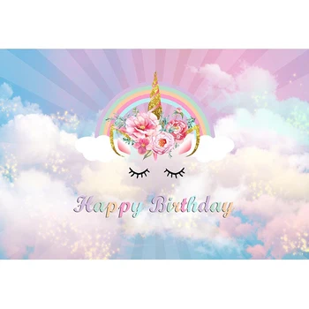 

Pastel Blue Pink Sky Rainbow Unicorn Party Backdrop Printed Cloud Pink Flowers Newborn Baby Girl Happy Birthday Photo Background
