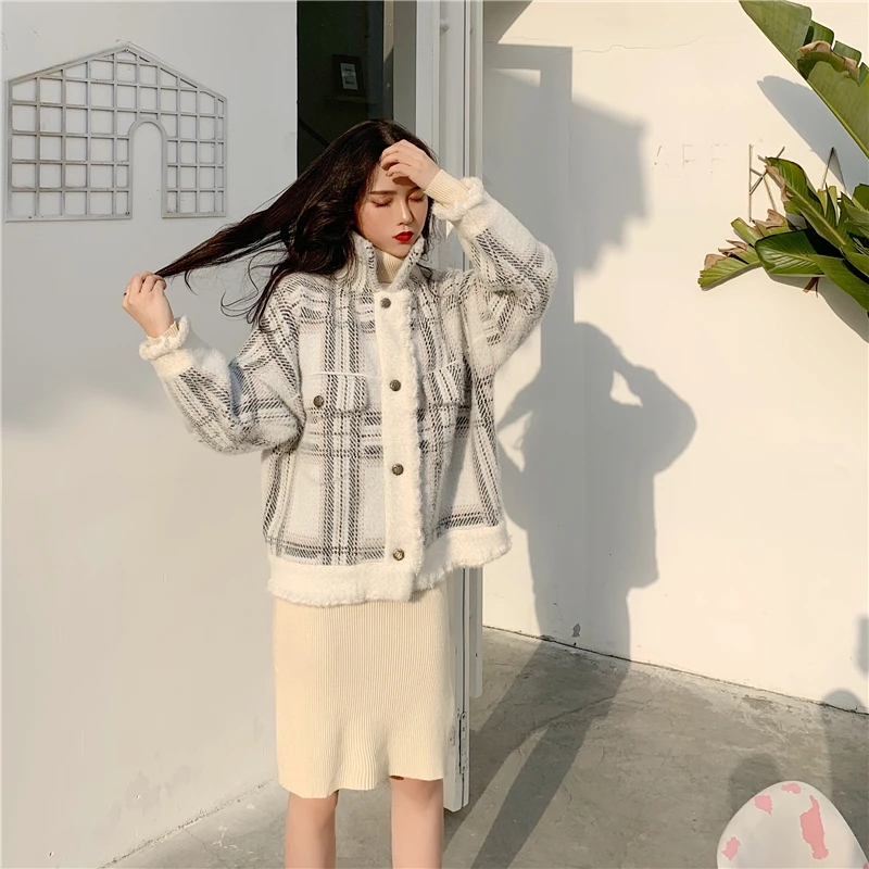 Chandail Manteau D'eau Vent Femelle 1 Court Velours Paragraphe coréen Nouvelle Imitation Cardigan Épais Paresseux 2018 Plaid Lâche 2 HWwq76XPF