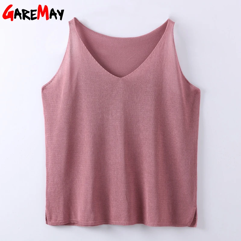 

GAREMAY Sexy Crop Top Knitted Summer Tank top Women Blouse 2019 Sleeveless V Neck Tanks Tops Female Casual Vest Camisa Feminina