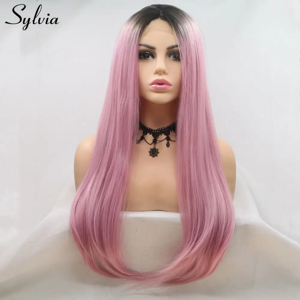

Sylvia U Part Pink Hair Long Natural Straight Synthetic Lace Front Wig Dark Root Heat Resistant Fiber Cosplay Wig Middle Part