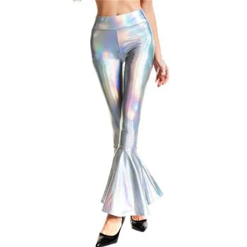 

Women Wide Leg Pants Metallic Liquid Stretchy Bell Bottom Flared Leggings Long Palazzo Pants Vintage 70s Disco Trousers