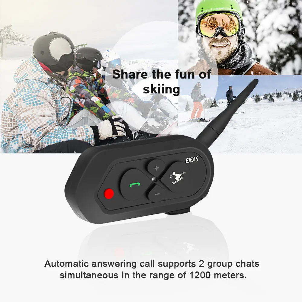 EJEAS SKI10, 1200 м, Bluetooth, гарнитура для лыжного шлема, с большой кнопкой, 500 мА/ч, AUX Auo, повторное подключение, обновляемая прошивка для 2 лыжников