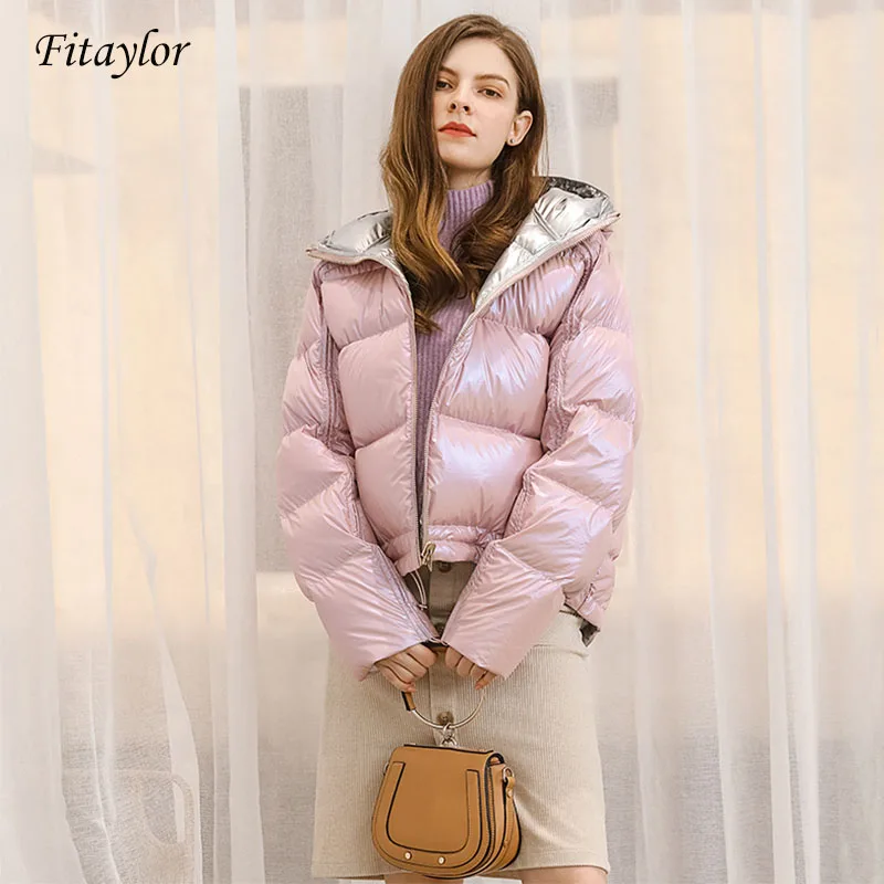 

Fitaylor Winter Women Silver Down Parkas Coats Hooded White Duck Down Jacket Double Sided Waterproof Zipper Outerwear