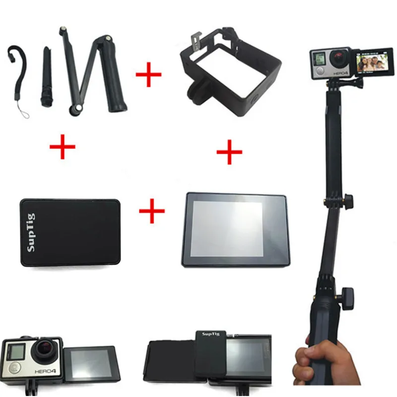 

Suptig Accessories 3-Way Monopod Tripod Mount Arm+BacPac Frame+LCD Screen+LCD Converter Box For Gopro Hero3 3+ 4 Camera Mounts