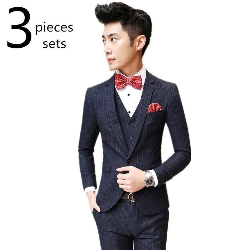 Suit jacket + Vest + trousers/ 2016 new men's vertical striped casual blazer s/ Men's business