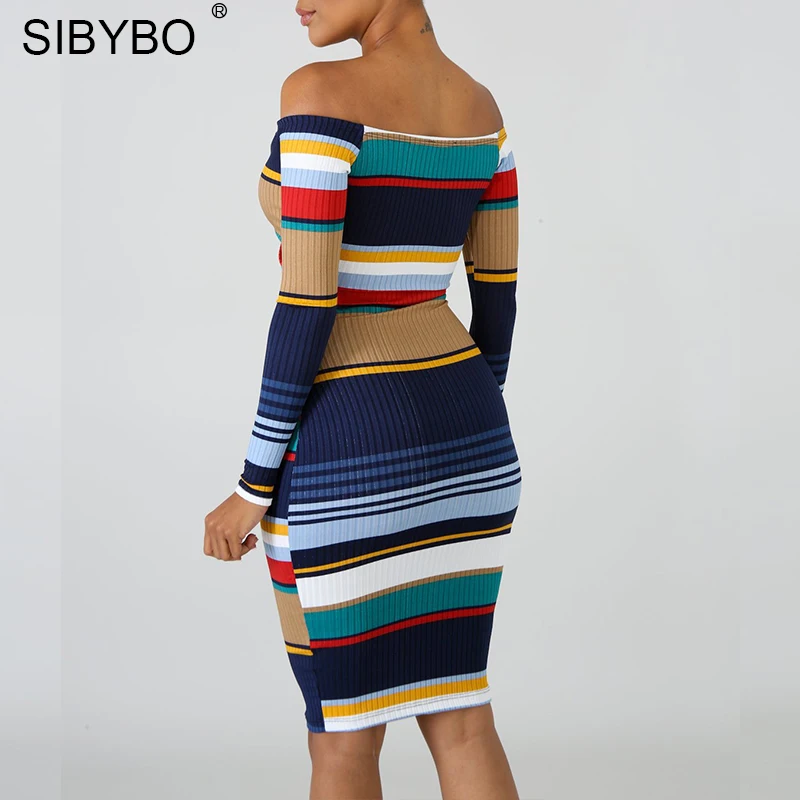 Sibybo قبالة الكتف مخطط طباعة الخريف اللباس طويل الأكمام الجوف خارج ضمادة مثير النساء اللباس حمالة Bodycon حزب اللباس