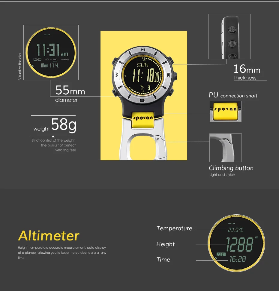 SPOVAN Elementum2 спортивные часы унисекс с высотомер, барометр, компас, термометр, восход и закат время, направление отслеживания