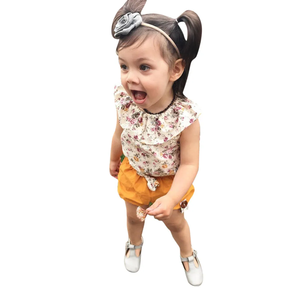 

SZYADEOU Summer Toddler Kids Girl Floral Sleeveless Tops+Bow Shorts Pants Outfits Clothes Set Infant Girl Clothing Wholesale L4