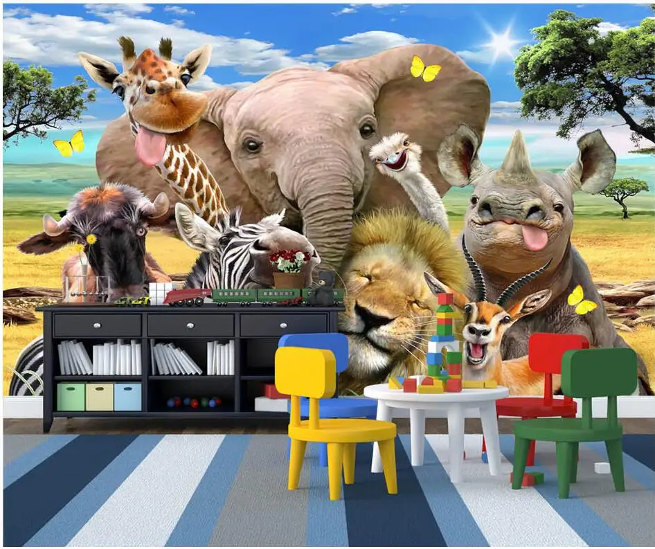 Custom mural photo 3d wallpaper Cartoon grassland group of animals room