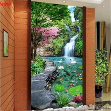 На заказ Фото 3d Алмазная вышивка лотоса пруд и водопад крыльцо Алмазная Картина Вышивка крестом мозаика кои узор Декор
