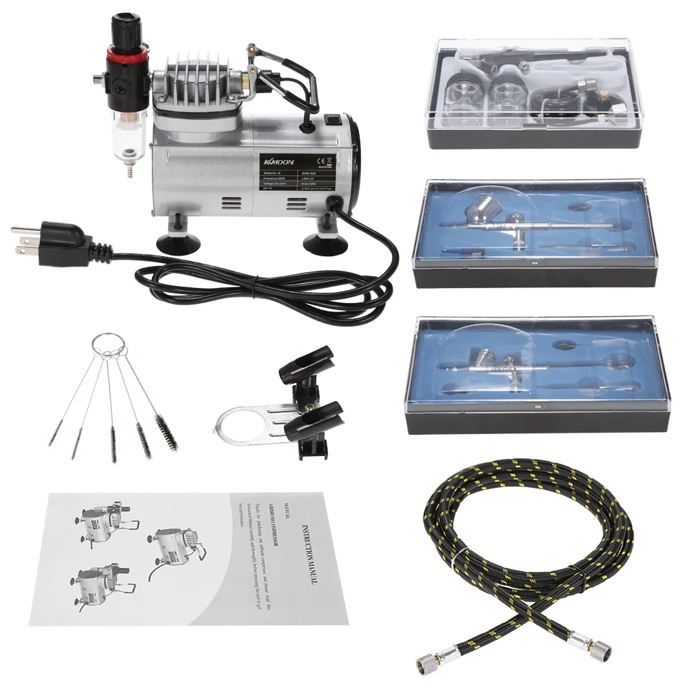 3 pcs Dual-Action Airbrush Kit +Air Compressor paint Spray gun Air-Brush Set sandblaster Tattoo Nail Art Supply w/Cleaning Brush must have cleaning kit for digital camera air blower cloth brush spray
