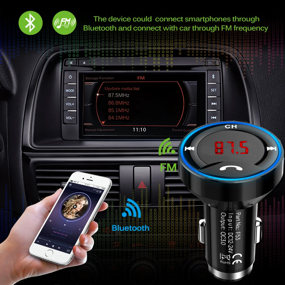 JINSERTA FM передатчик Bluetooth 4,1 Handsfree Car комплект автомобильный аудио MP3 плеер с технологией Quick Charge 3,0 USB Автомобильное зарядное устройство со светодиодом Дисплей