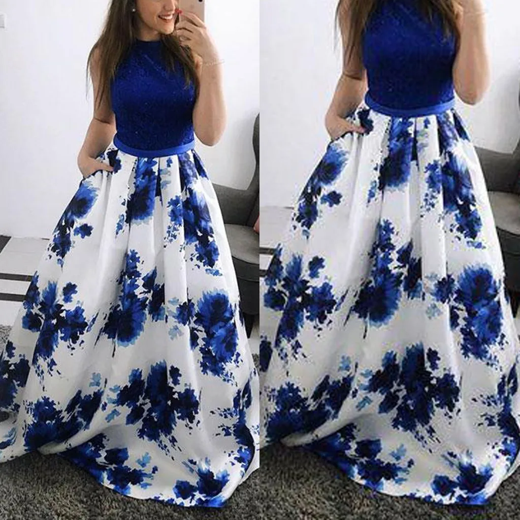 

Beautiful Fashion Spring Autumn New Women Fashion Women Sexy Printing O-Neck Sleeveless Dinner Suit Sleeveless Long Dress S-XL